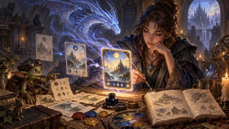 Painterly fantasy scene of a woman artist painting beside a glowing blue spirit dragon, floating illustrated cards, sketches, inks, brushes, crystals, and a small goggle-wearing goblin in a candlelit workshop.