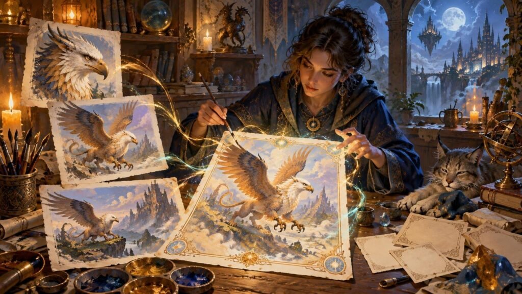 Fantasy artist painting a winged griffin on an ornate sheet at a candlelit desk, surrounded by brushes, earlier griffin studies, blank bordered papers, a sleeping cat, and a moonlit floating castle outside the window.
