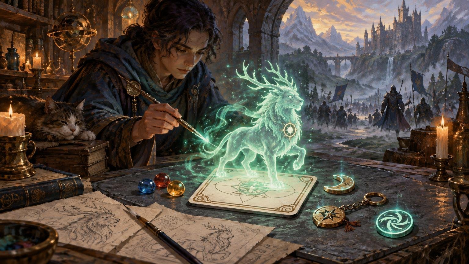 Painterly fantasy scene of a robed artist using a brush to conjure a glowing spectral stag above a blank, ornate card-shaped panel, with creature sketches, colored stones, candles, and a distant mountain castle behind.