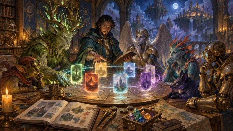 Painterly fantasy scene of a wizard and varied creatures gathered around a table, using glowing illustrated cards and an open sketchbook beneath floating castle islands at night.