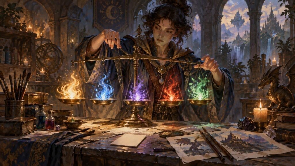 Painterly fantasy scene of a robed alchemist balancing five bowls of differently colored magical flames over a cluttered worktable, with brushes, sketches, candles, and a dragon statue in a ruined tower overlooking floating castles.