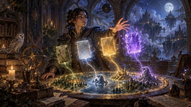 Painterly fantasy scene of a robed wizard in a candlelit study conjuring four glowing rectangular crystal forms above a detailed miniature landscape, with floating castles beneath a moonlit sky beyond the arched windows.