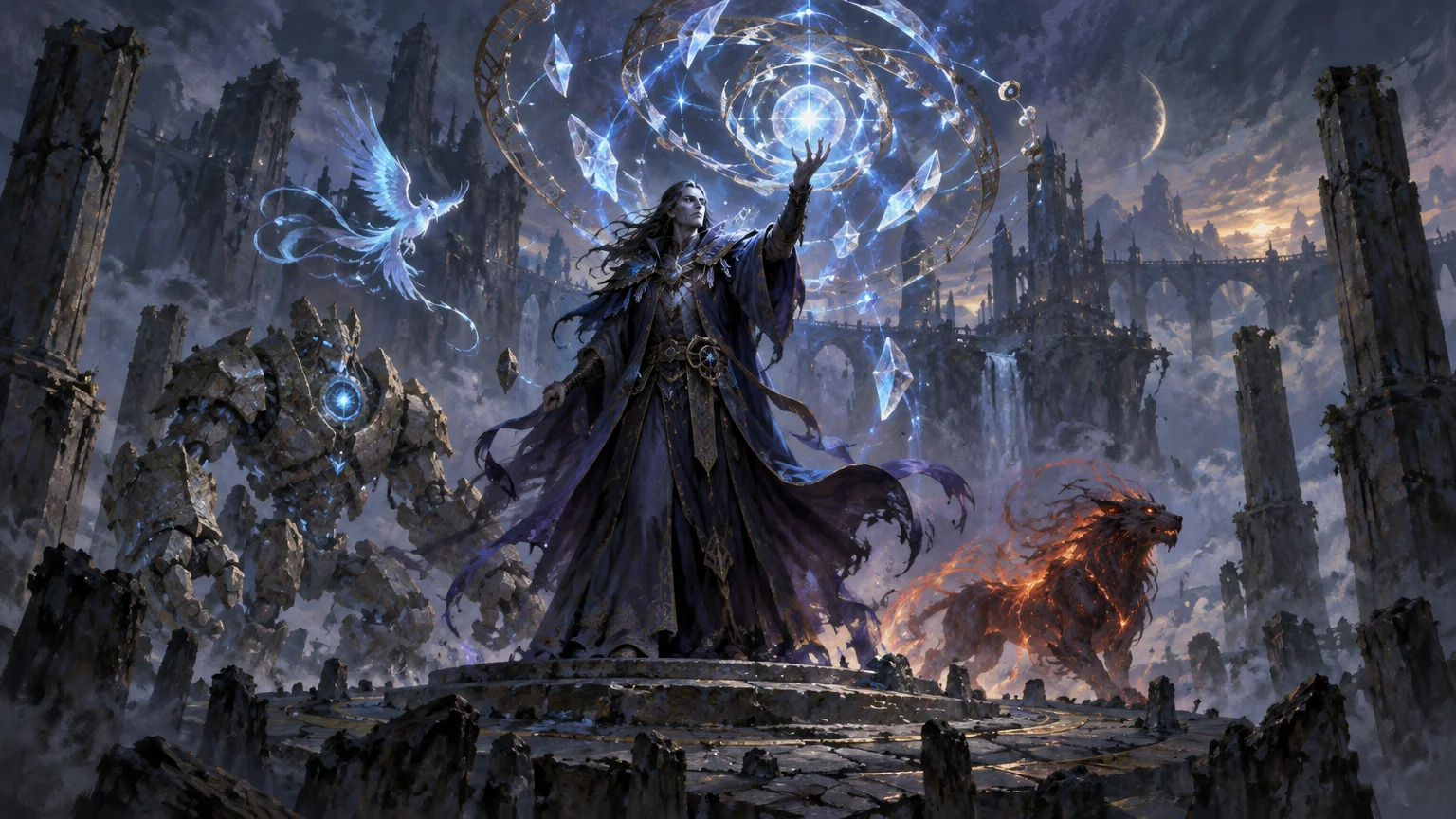 A blue-robed wizard raises a hand beneath glowing rings of arcane light and floating crystals, standing amid ruined towers with a stone golem, spectral bird, and fiery beast.