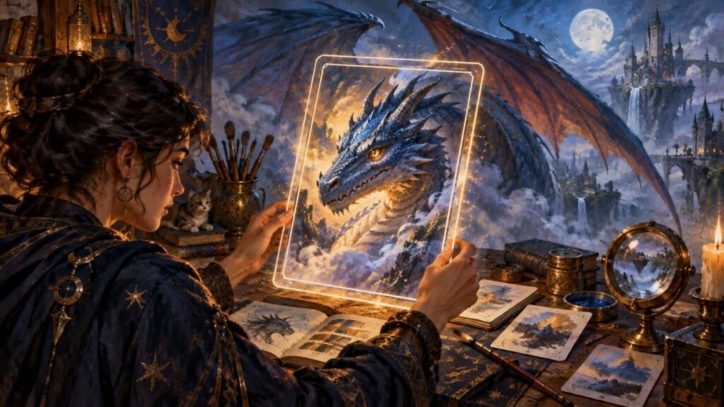 Painterly fantasy scene of an artist at a desk holding a glowing card-shaped frame around a blue dragon illustration, with brushes, sketchbooks, loose illustrated cards, candles, and a moonlit floating castle landscape behind it.