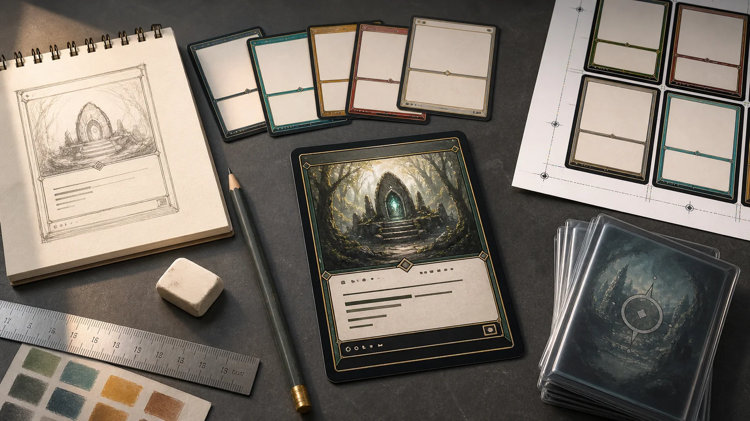 Overhead view of a custom fantasy card design workspace with a sketchbook, pencil, ruler, blank bordered card layouts, a print sheet with crop marks, one illustrated card, and a stack of sleeved cards.