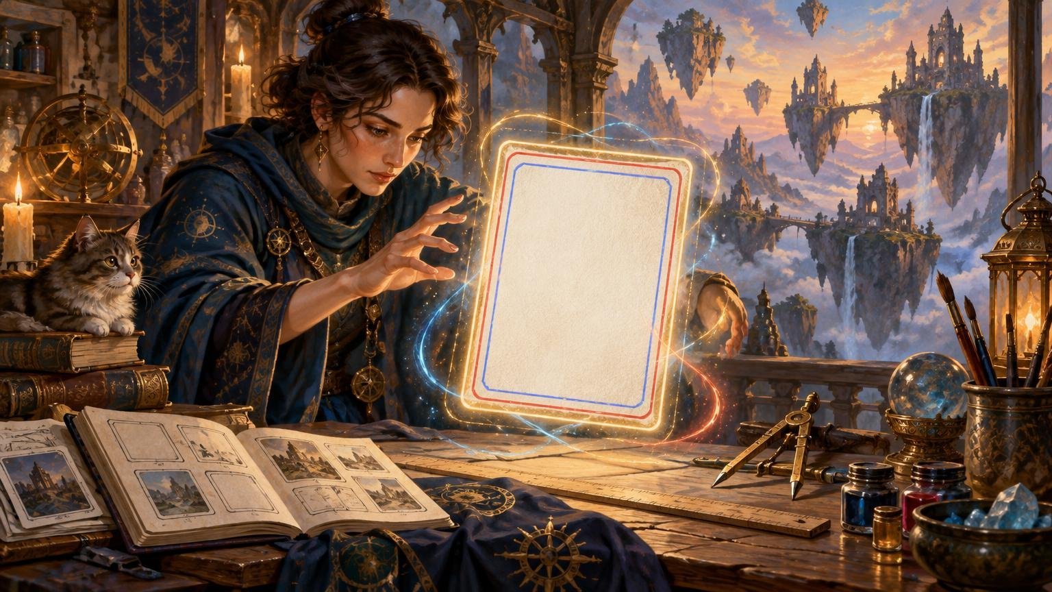 Painterly fantasy scene of a robed artist magically shaping a glowing blank rectangular card above a desk with sketchbooks, rulers, brushes, ink bottles, and a cat; floating fortress islands fill the sunset view beyond an arched window.