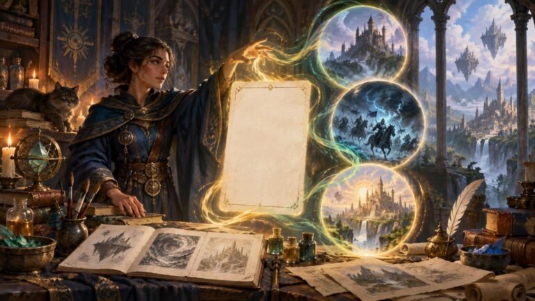 Painterly fantasy scene of a robed wizard at a cluttered design desk, shaping glowing magic around a blank ornate parchment while three floating visions show castles, riders, and a sunlit city.