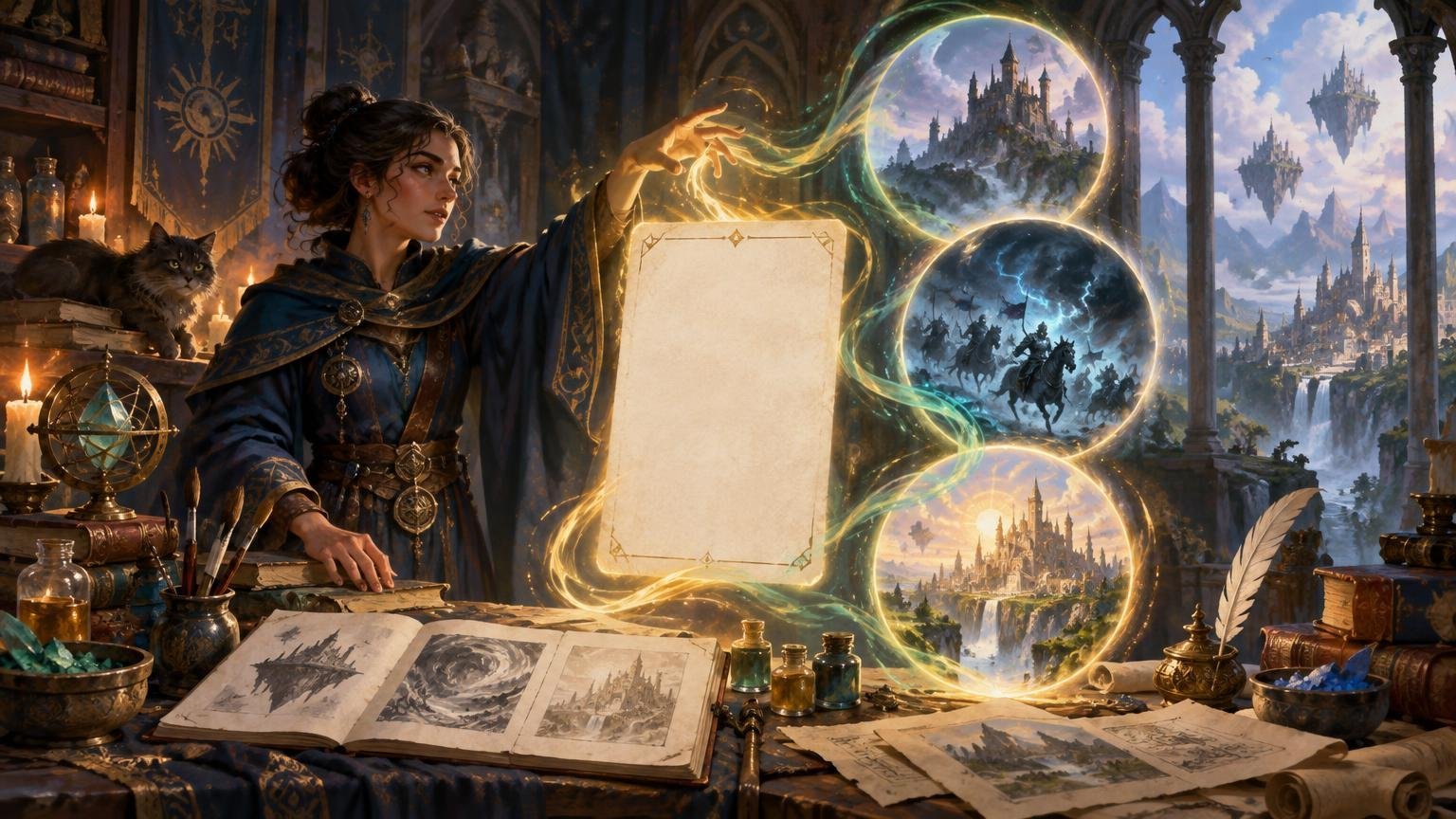 Painterly fantasy scene of a robed wizard at a cluttered design desk, shaping glowing magic around a blank ornate parchment while three floating visions show castles, riders, and a sunlit city.