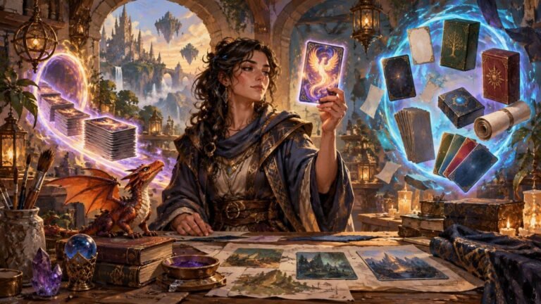 Painterly fantasy scene of a robed woman at a worktable holding a glowing phoenix card, surrounded by a small dragon, art brushes, maps, scattered illustrated cards, stacked decks, ornate card boxes, lanterns, and a swirling blue portal framing a distant floating castle.