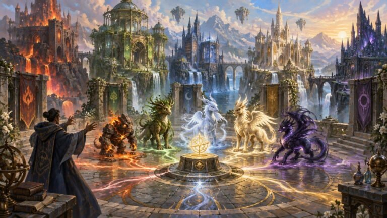 Painterly fantasy panorama of a robed mage presenting five differently colored magical creatures around a glowing compass-like device, with matching banners, cascading waterfalls, and five contrasting fortress-cities across a mountain valley.