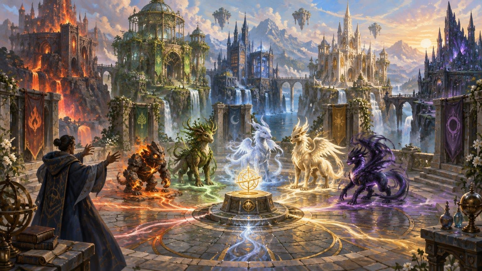 Painterly fantasy panorama of a robed mage presenting five differently colored magical creatures around a glowing compass-like device, with matching banners, cascading waterfalls, and five contrasting fortress-cities across a mountain valley.