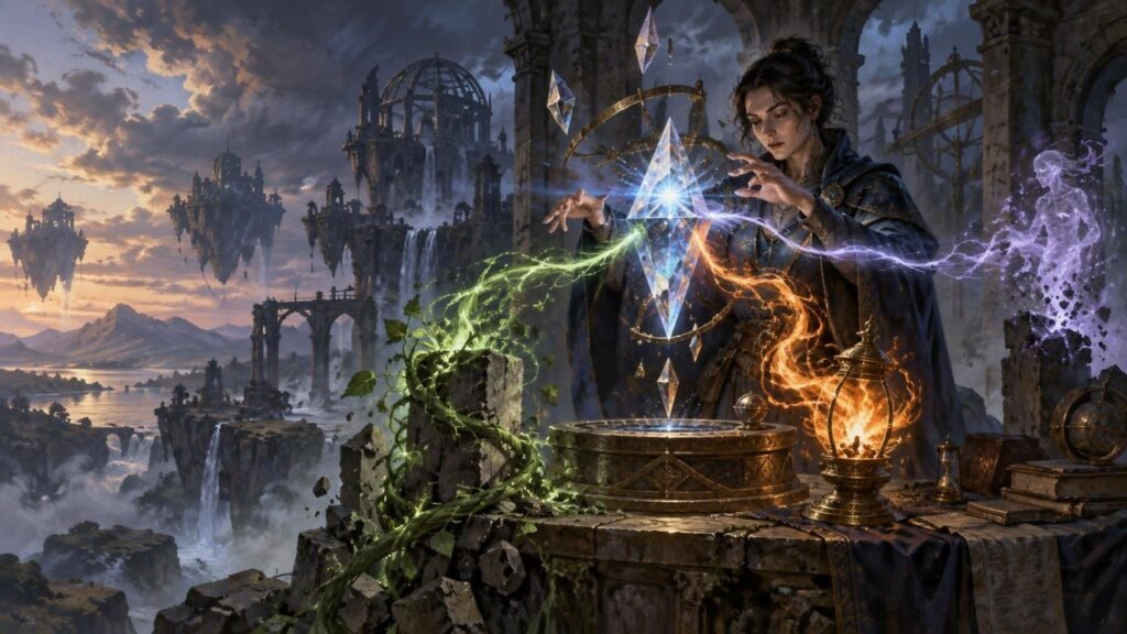 Wide fantasy illustration of a dark-haired wizard shaping green, orange, and violet magic around glowing floating crystals above an ornate stone table, with floating ruined islands and waterfalls behind her.