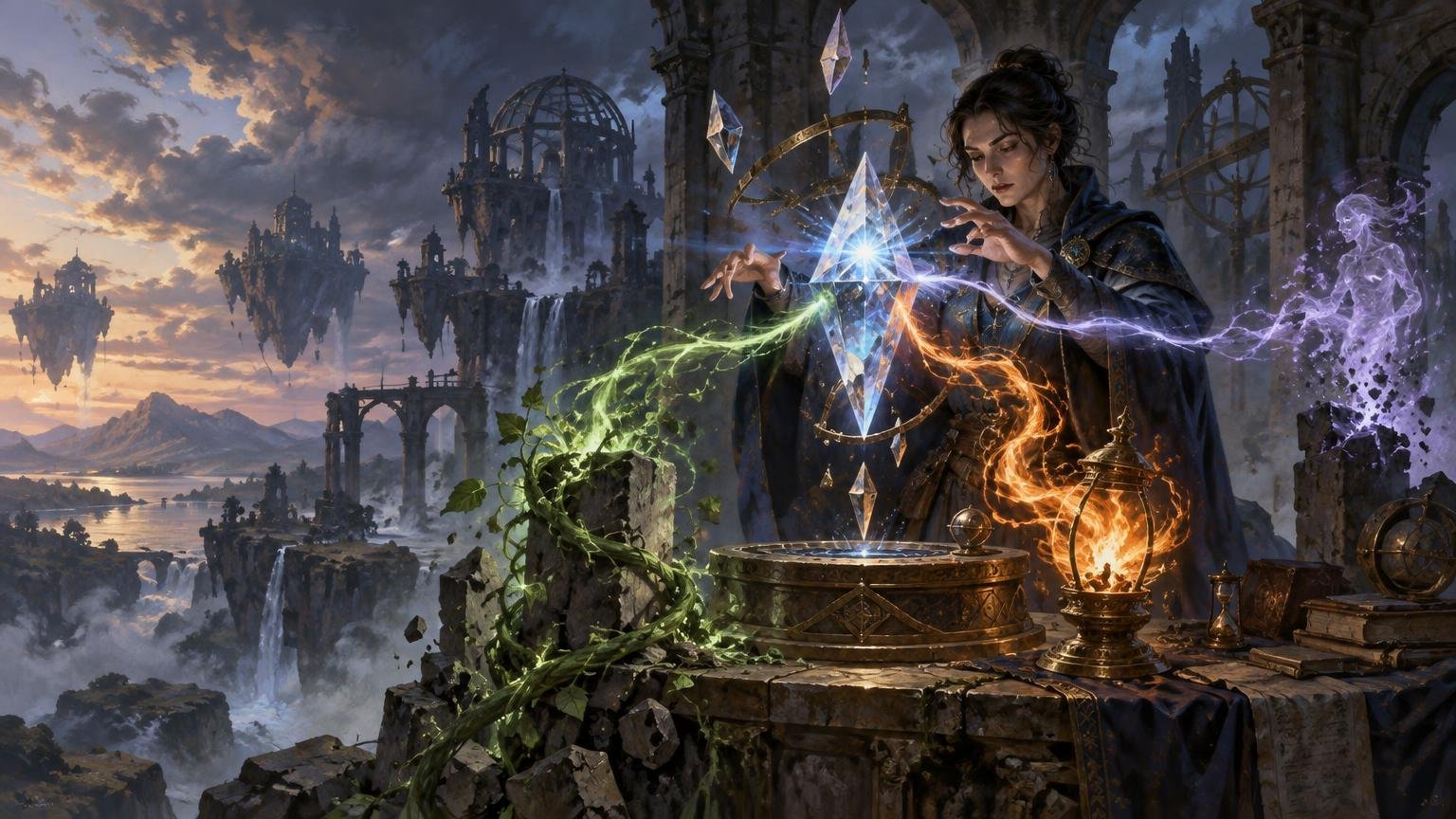 Wide fantasy illustration of a dark-haired wizard shaping green, orange, and violet magic around glowing floating crystals above an ornate stone table, with floating ruined islands and waterfalls behind her.