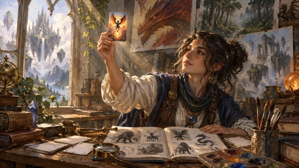 Painterly fantasy scene of an artist at a cluttered desk holding up a small illustrated card, surrounded by brushes, paints, sketchbooks, creature studies, and paintings of dragons and floating-island landscapes.