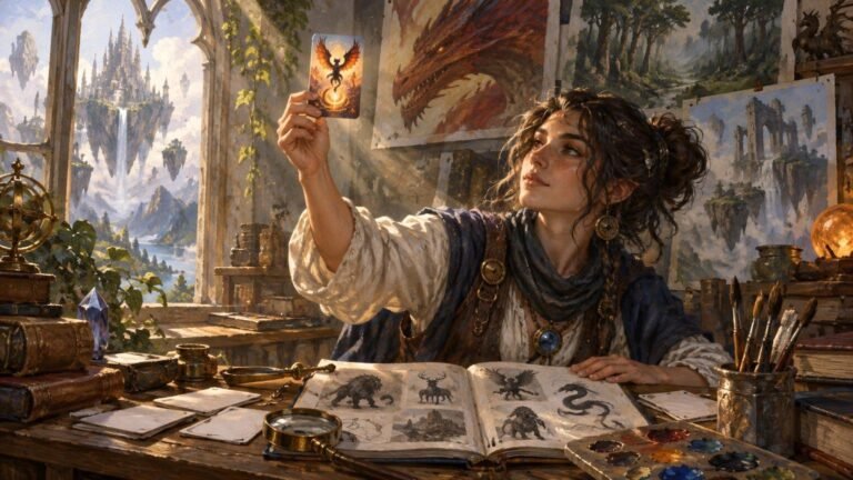 Painterly fantasy scene of an artist at a cluttered desk holding up a small illustrated card, surrounded by brushes, paints, sketchbooks, creature studies, and paintings of dragons and floating-island landscapes.