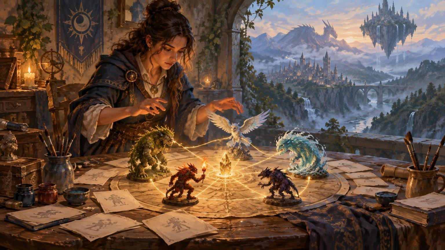 A fantasy designer arranges miniature creatures around a glowing circular diagram on a paper-covered worktable, with brushes, sketches, and a floating castle landscape beyond an open archway.